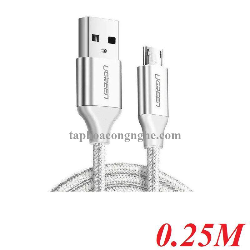 Ugreen 60149 25cm QC3.0 màu trắng đầu bọc nhôm chống nhiễu cáp Micro sang USB 2.0 sạc và truyền dữ liệu từ máy tính ra điện thoại dài 0.25m US290 30060149